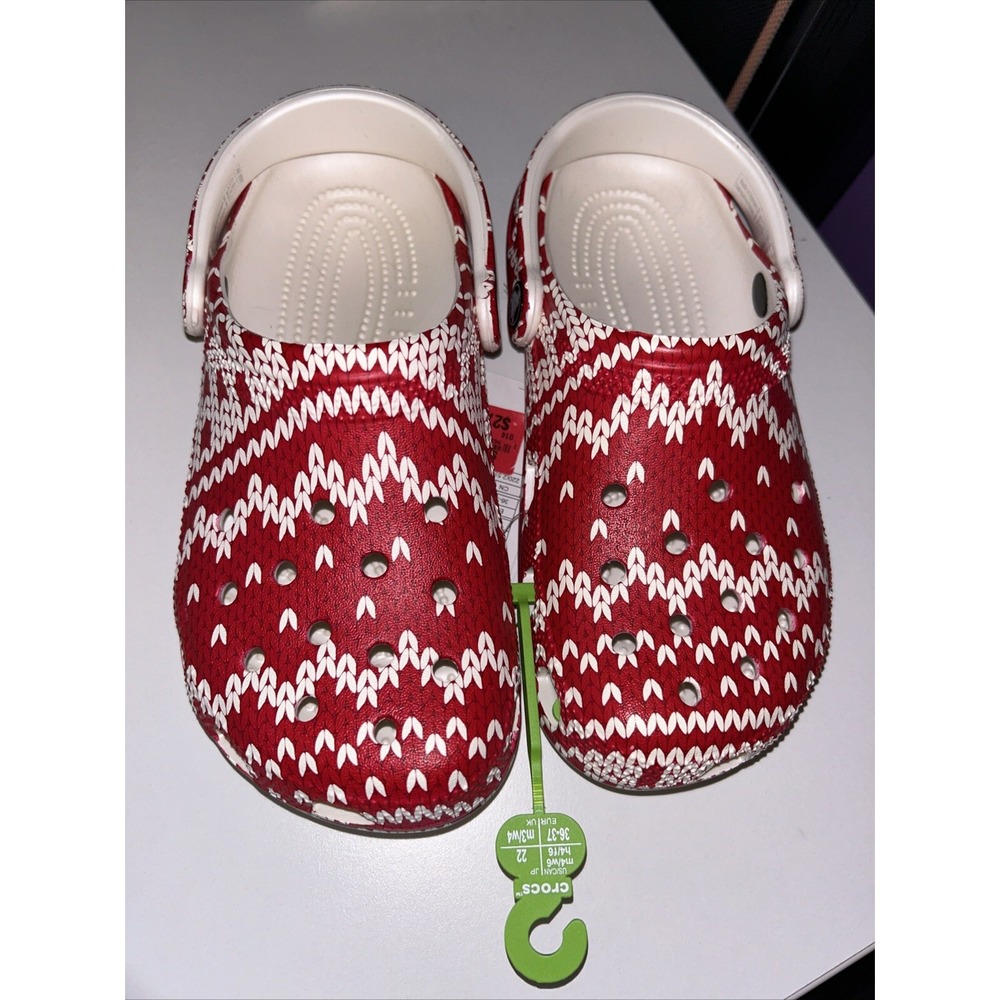 NWT Crocs Holiday Ugly Christmas Sweater Clogs Red White Women's 6/Men's 4